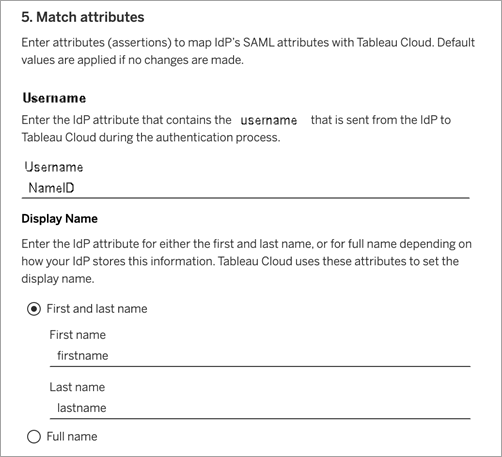 Captura de tela da etapa 5 para configurar SAML de site para Tableau Cloud - atributos correspondentes