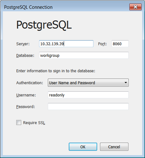 La boîte de dialogue Connexion PostgreSQL affiche des champs dans lesquels vous pouvez saisir l’adresse du serveur, le nom d’utilisateur et le mot de passe.
