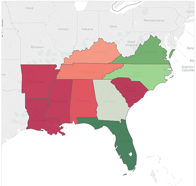 Un mapa con colores divergentes rojo-verde basado en las ventas totales del estado