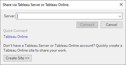 El cuadro de diálogo Compartir a través de Tableau Server o Tableau Cloud