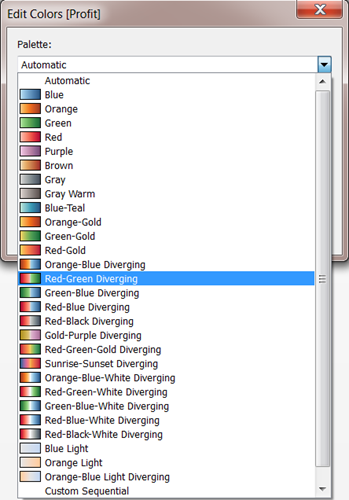 Paletas de cores divergentes listadas no menu Editar cores