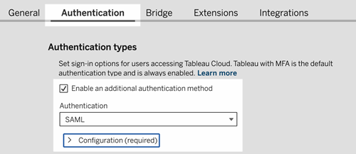 Tableau Cloud 站点身份验证设置页面的屏幕快照