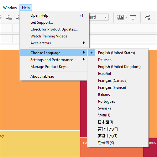 Help menu > Choose Language > language selection menu