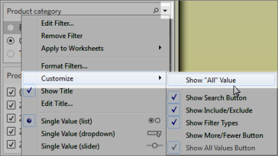 Menu déroulant de filtre avec un sous-menu à personnaliser avec l’option d’afficher toutes les valeurs.