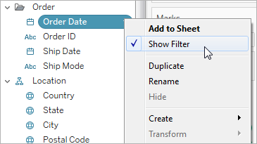 Sous-menu de Date de commande avec la possibilité d’afficher le filtre