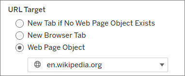 trois boutons radio pour l’URL cible : nouvel onglet si aucun objet Page Web n’existe, nouvel onglet de navigateur et objet Page Web. Sous l’option d’objet Page Web se trouve une liste déroulante permettant de sélectionner l’objet Page Web