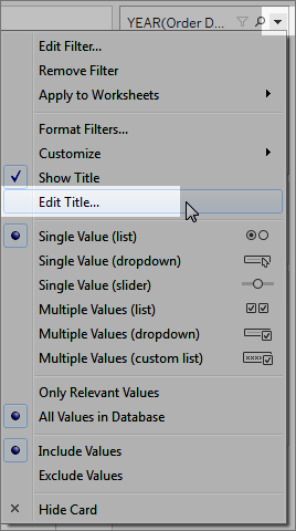 필터 제목 편집 옵션이 표시된 필터의 드롭다운 메뉴