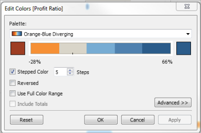 단계별 색상이 5단계로 설정된 주황색-파란색 다중 색상표