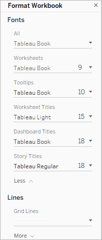 Tableau Desktop의 통합 문서 수준에 있는 글꼴 서식 메뉴