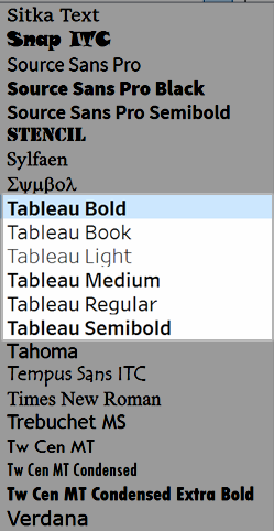 顯示在「字型」功能表中可供選擇的不同字型之功能表，其中突出顯示了 Tableau 字型系列。