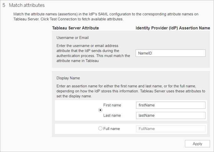 Screenshot von Schritt 5 der Konfiguration von sitespezifischer SAML für Tableau Server – Abgleichen von Attributen